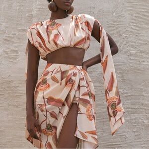NWT Andrea Iyamah Halima Crop Top Resort Wear Cover Up Eucalyptus Leaves Sz S